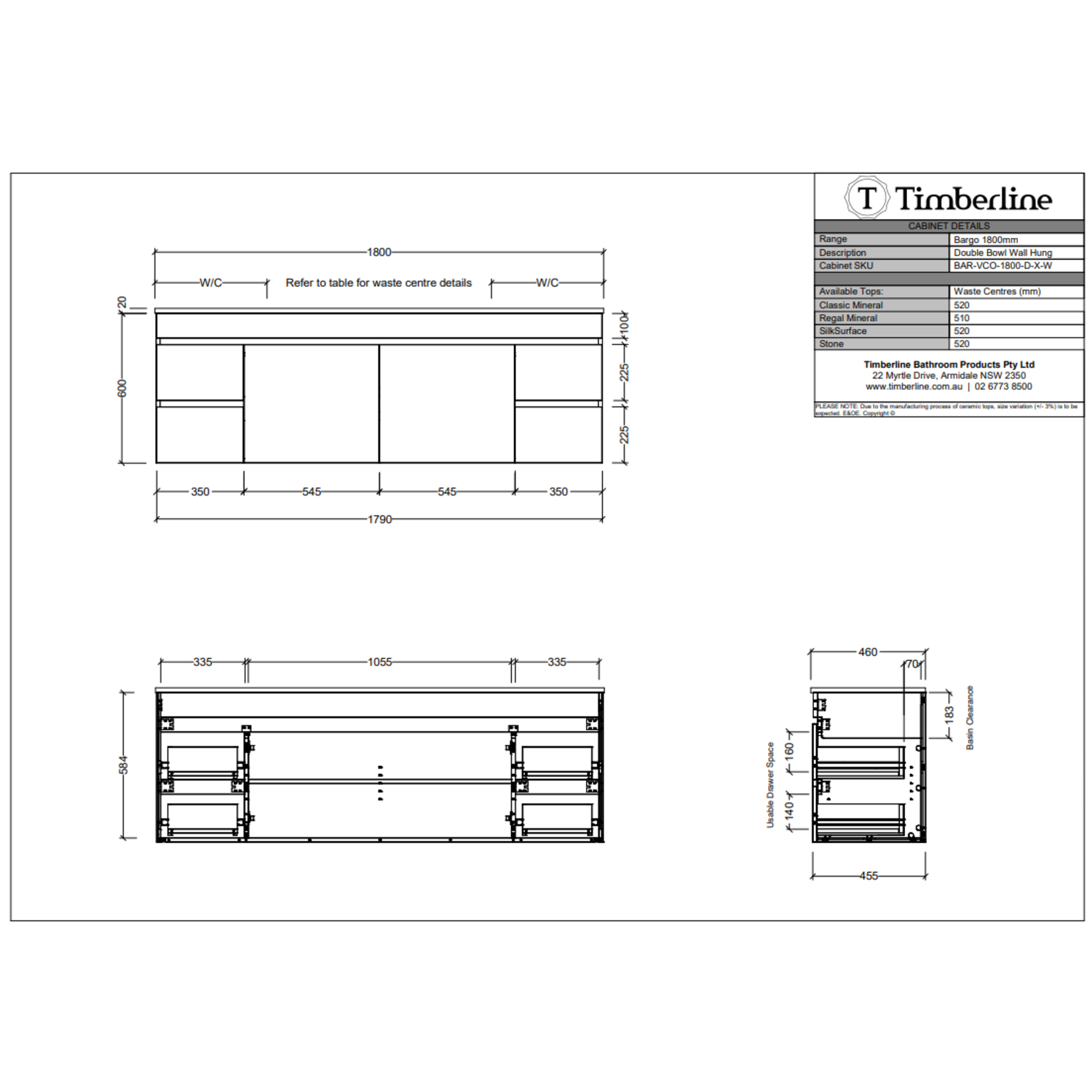 Timberline BARGO Wall Hung Vanity (All Sizes)