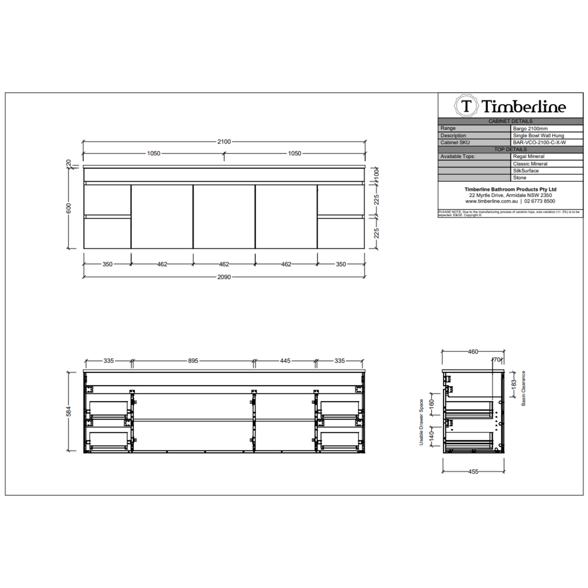 Timberline BARGO Wall Hung Vanity (All Sizes)