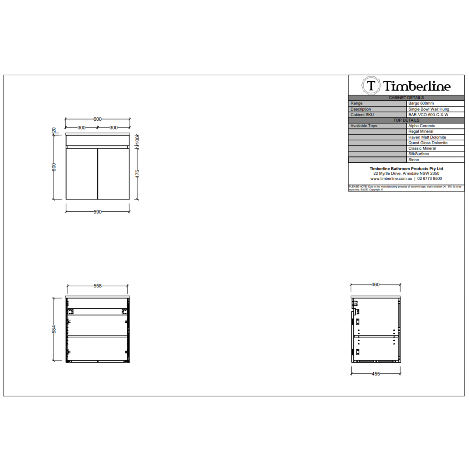 Timberline BARGO Wall Hung Vanity (All Sizes)