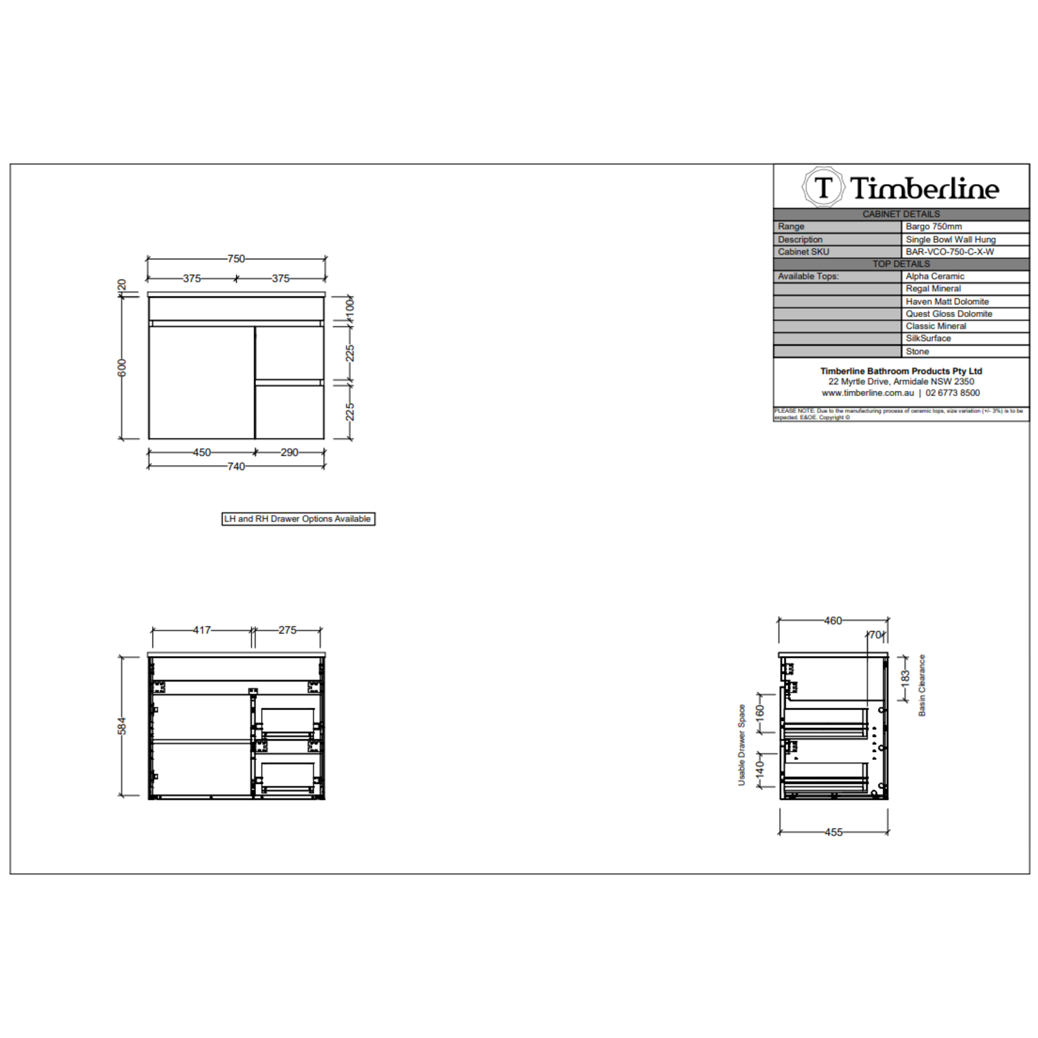 Timberline BARGO Wall Hung Vanity (All Sizes)