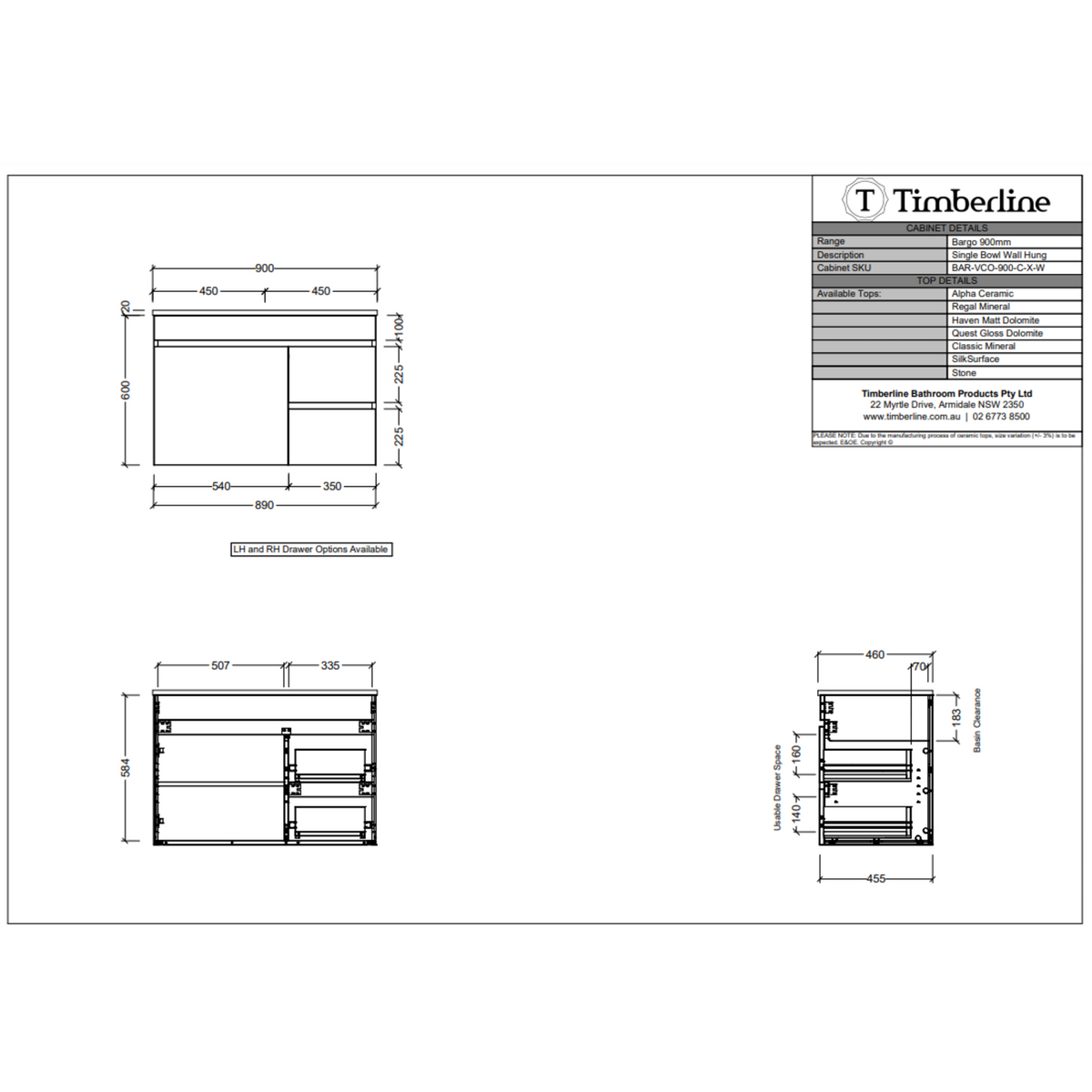 Timberline BARGO Wall Hung Vanity (All Sizes)