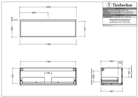 Timberline DELAWARE Wall Hung Vanity 1200