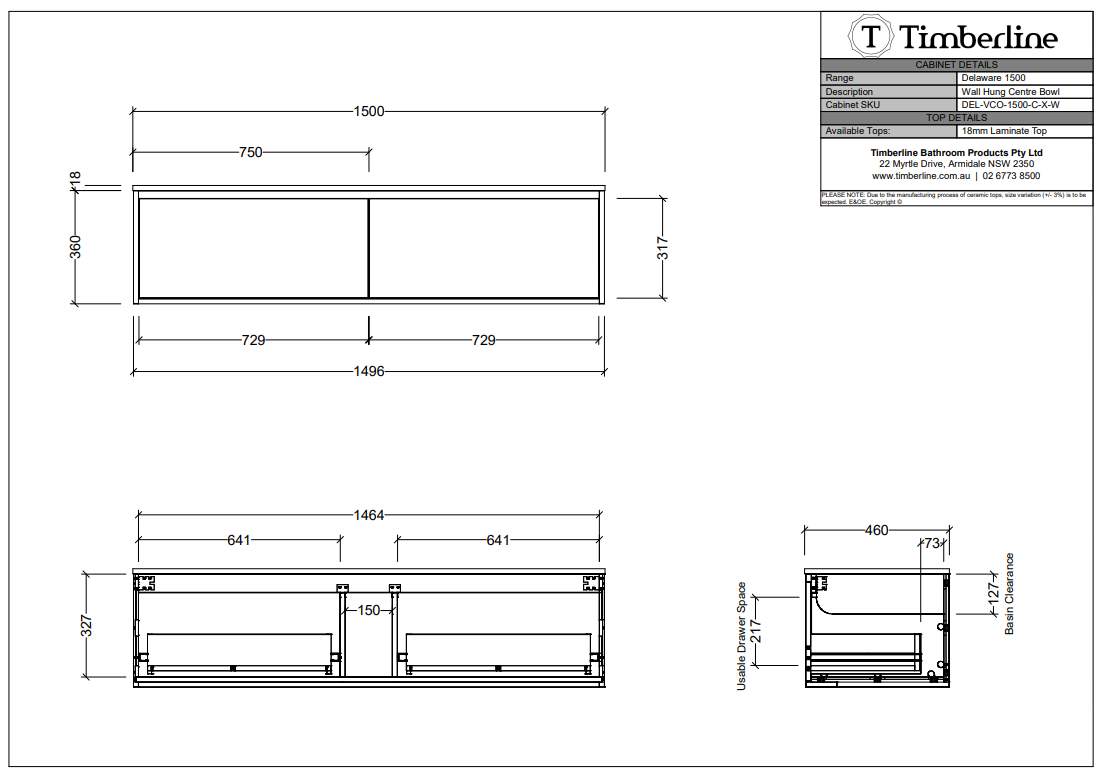 Timberline DELAWARE Wall Hung Vanity 1500