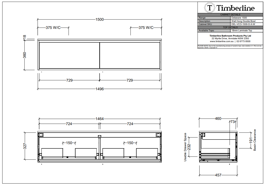 Timberline DELAWARE Wall Hung Vanity 1500