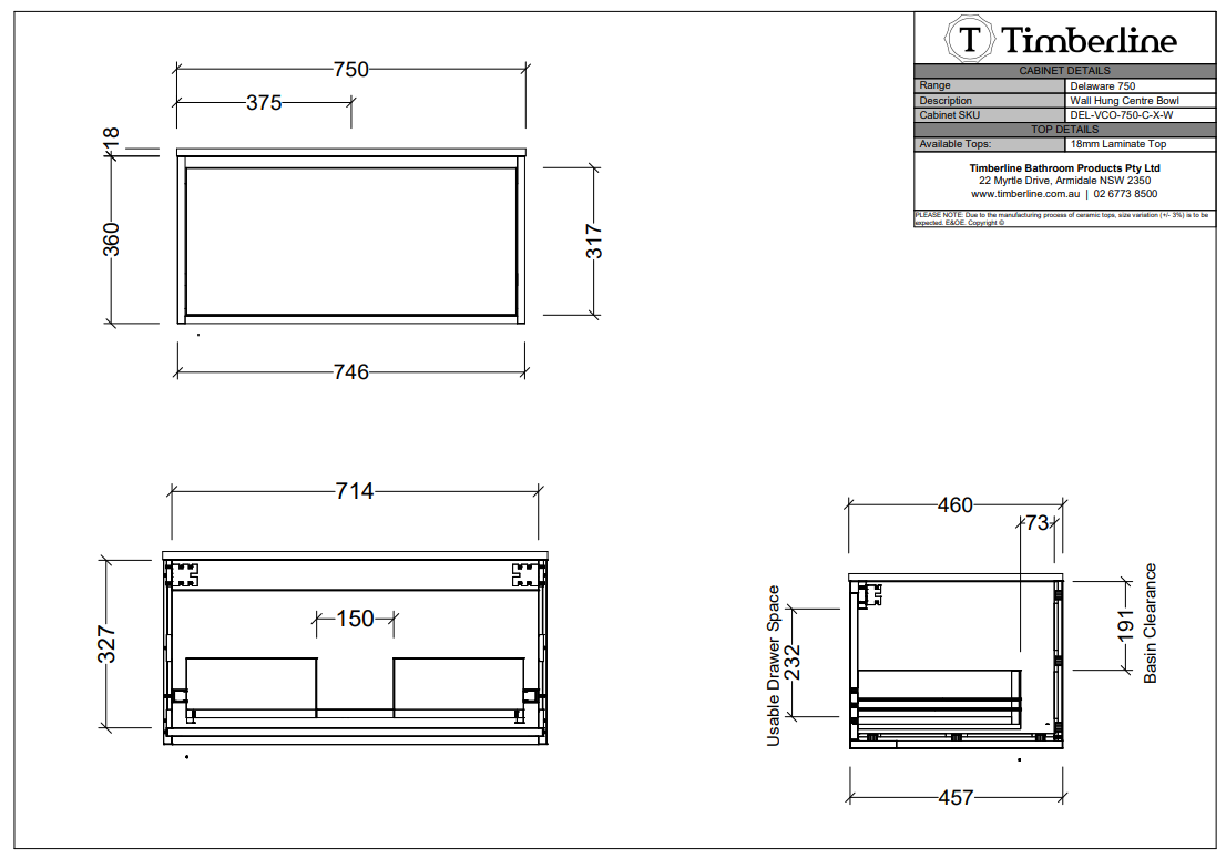 Timberline DELAWARE Wall Hung Vanity 750