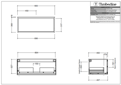 Timberline DELAWARE Wall Hung Vanity 900