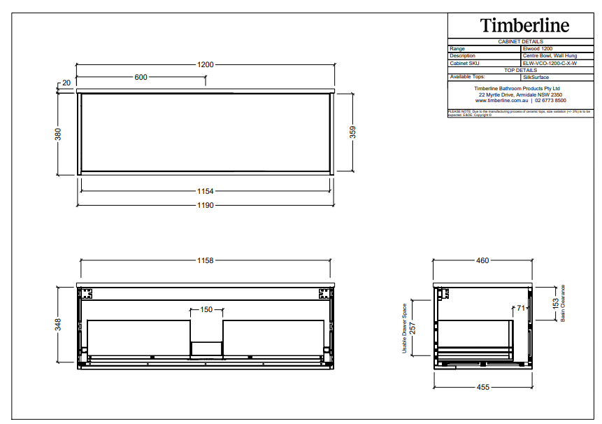 Timberline ELWOOD Wall Hung Vanity (All Sizes)