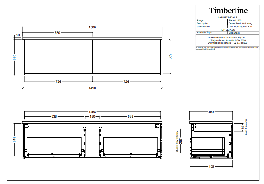 Timberline ELWOOD Wall Hung Vanity (All Sizes)