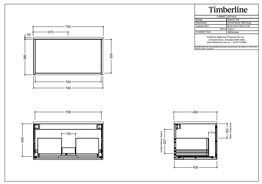 Timberline ELWOOD Wall Hung Vanity (All Sizes)