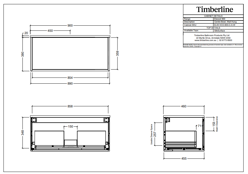 Timberline ELWOOD Wall Hung Vanity (All Sizes)