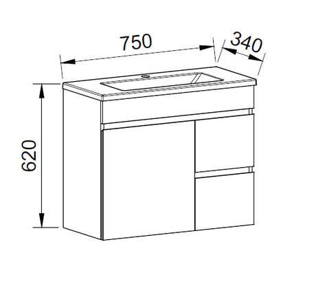 Timberline ENSUITE Space Saving Single Bowl Wall Hung Vanity (Drawing)