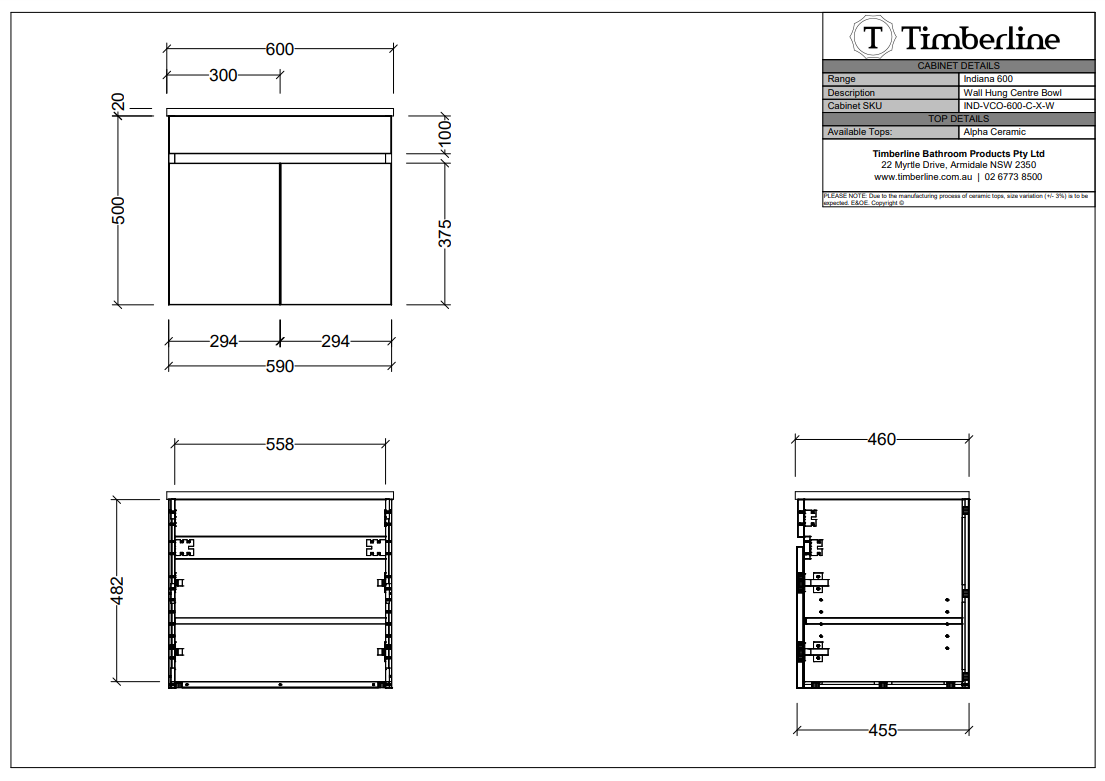 Timberline INDIANA Wall Hung Vanity (All Sizes)