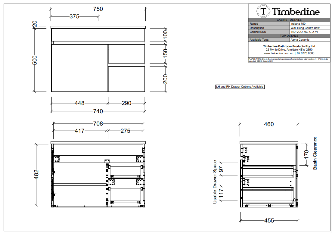 Timberline INDIANA Wall Hung Vanity (All Sizes)