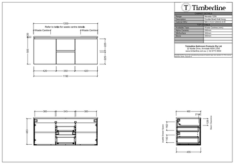 Timberline NEVADA Wall Hung Vanity - Cabinet Spec Sheet 1200