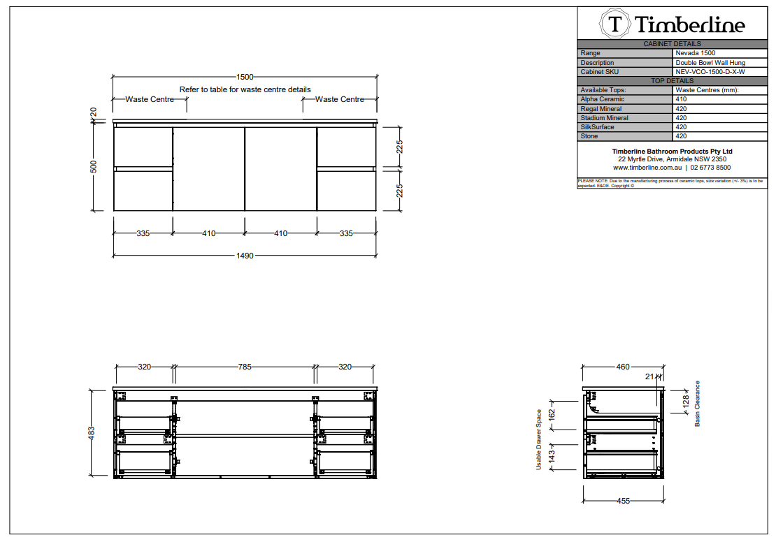 Timberline NEVADA Wall Hung Vanity - Cabinet Spec Sheet 1500