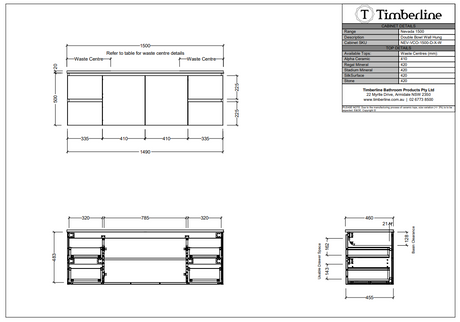 Timberline NEVADA Wall Hung Vanity - Cabinet Spec Sheet 1500