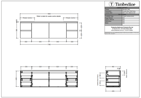Timberline NEVADA Wall Hung Vanity - Cabinet Spec Sheet 1800