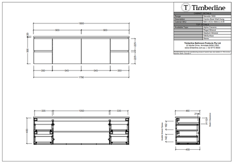 Timberline NEVADA Wall Hung Vanity - Cabinet Spec Sheet 1800