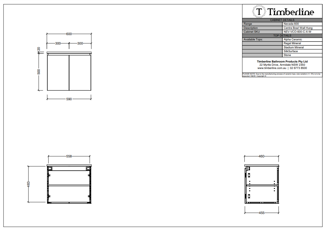 Timberline NEVADA Wall Hung Vanity - Cabinet Spec Sheet 600