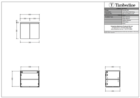 Timberline NEVADA Wall Hung Vanity - Cabinet Spec Sheet 600