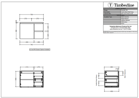 Timberline NEVADA Wall Hung Vanity - Cabinet Spec Sheet 750