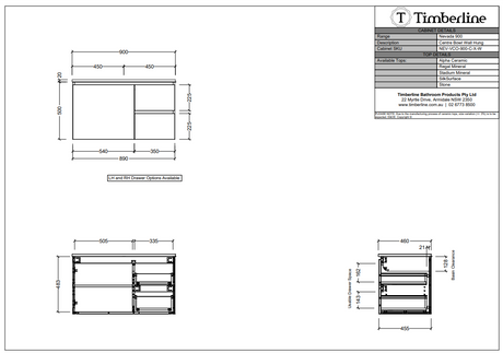 Timberline NEVADA Wall Hung Vanity - Cabinet Spec Sheet 900
