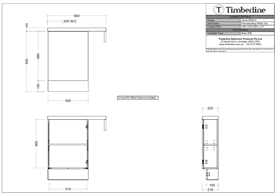 Timberline OSCAR Single Bowl Floor Standing Vanity (All Sizes)