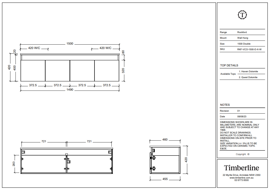 Timberline ROCKFORD Wall Hung Vanity (All Sizes)