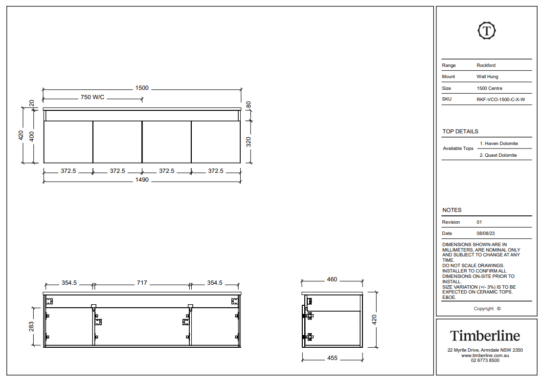 Timberline ROCKFORD Wall Hung Vanity (All Sizes)