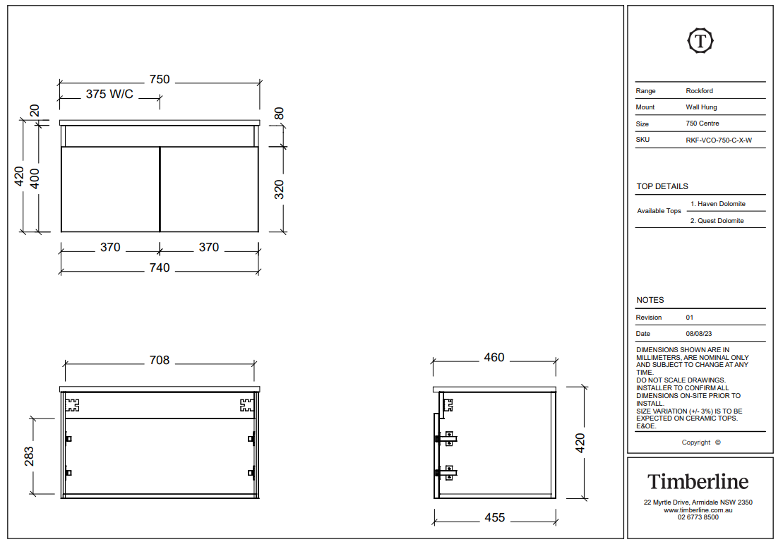Timberline ROCKFORD Wall Hung Vanity (All Sizes)