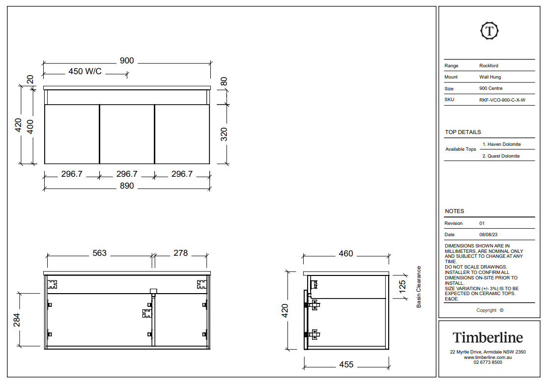 Timberline ROCKFORD Wall Hung Vanity (All Sizes)
