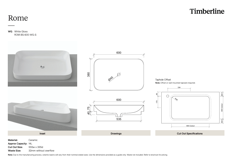 Timberline Rome Rectangular Ceramic Semi-Inset Basin 600mm (Gloss White)