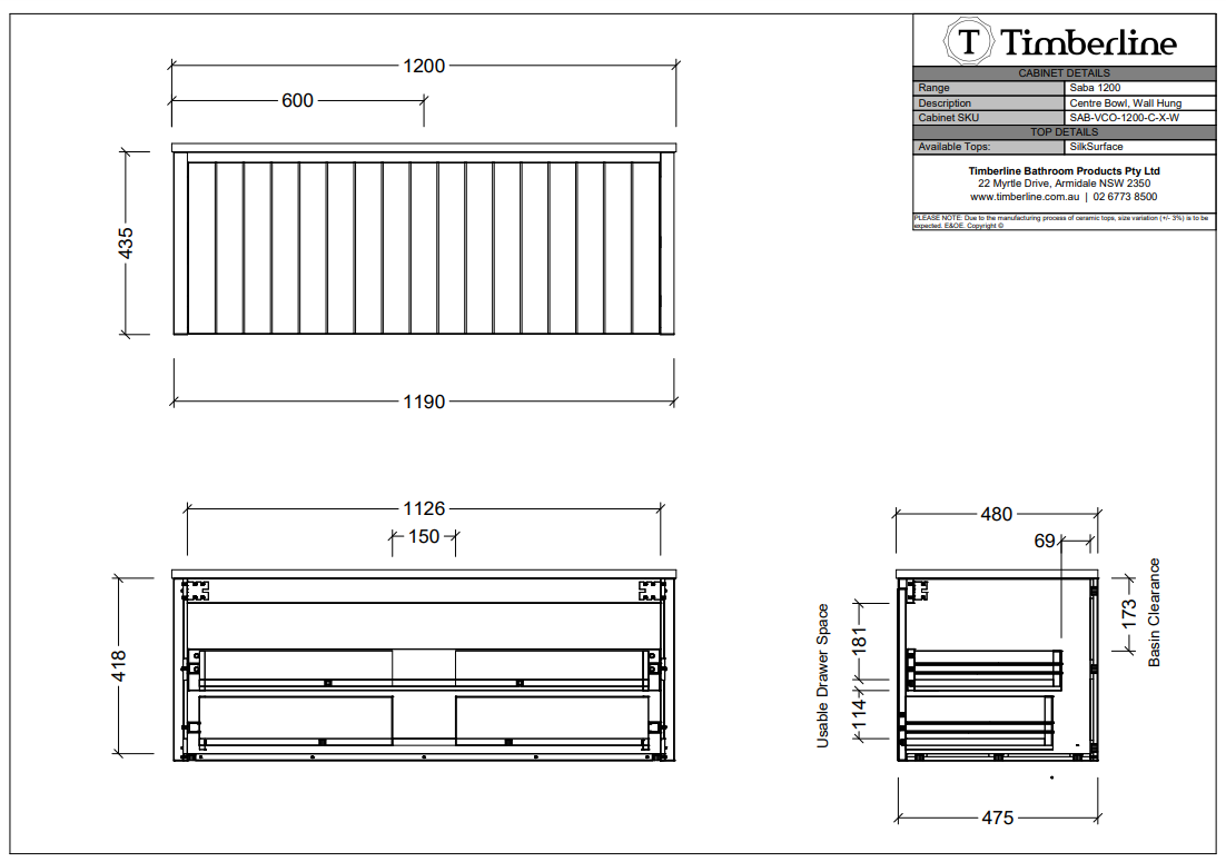 Timberline SABA Wall Hung Vanity (All Sizes)