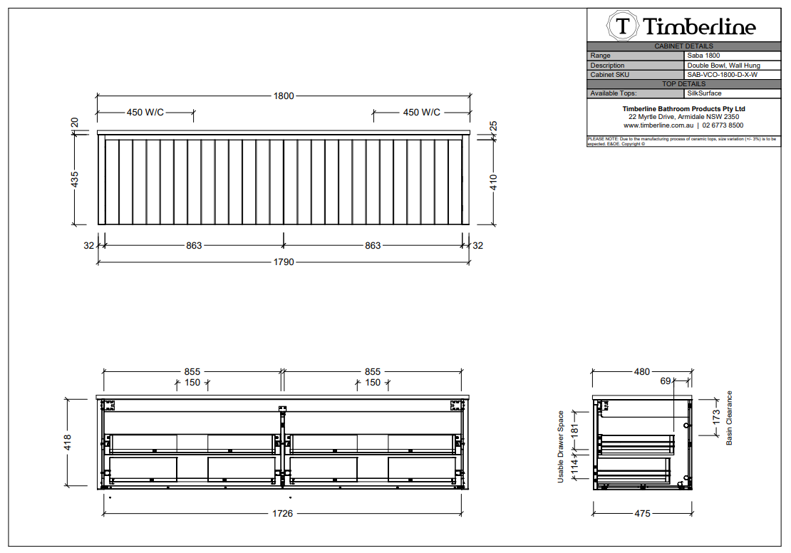 Timberline SABA Wall Hung Vanity (All Sizes)