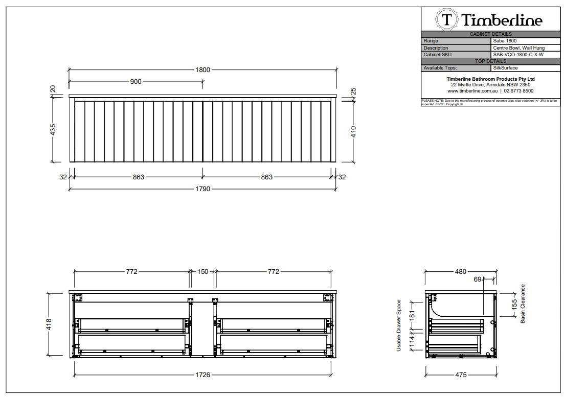 Timberline SABA Wall Hung Vanity (All Sizes)