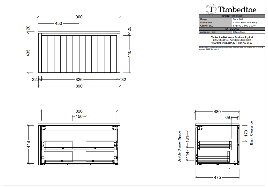 Timberline SABA Wall Hung Vanity (All Sizes)