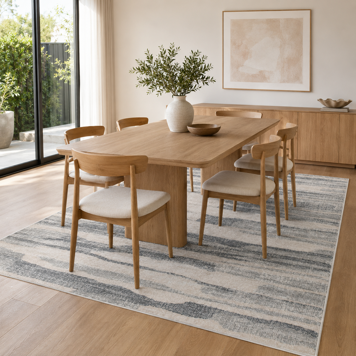 A modern dining room scene featuring a light oak wood rectangular table surrounded by six matching wooden chairs with cream upholstered seats, all arranged on a blue and gray abstract patterned area rug. The room has light wood flooring, a large window looking out onto greenery, and a minimalist sideboard in the background.