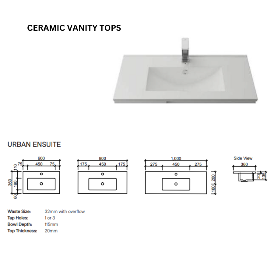 Timberline FLORIDA ENSUITE Single Bowl Wall Hung Vanity (All Sizes)