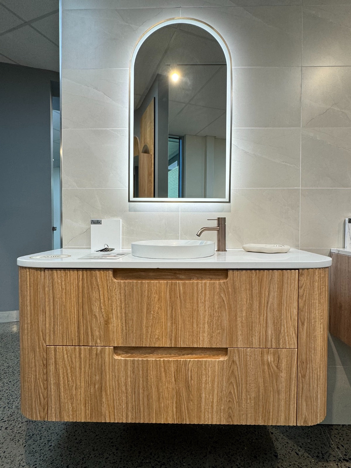 VARCELLI Tier Wall Hung Curve Vanity Harvest Oak