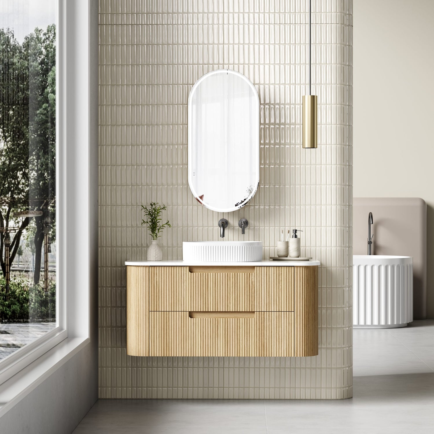 VARCELLI Tier Wall Hung Curve Vanity Harvest Oak