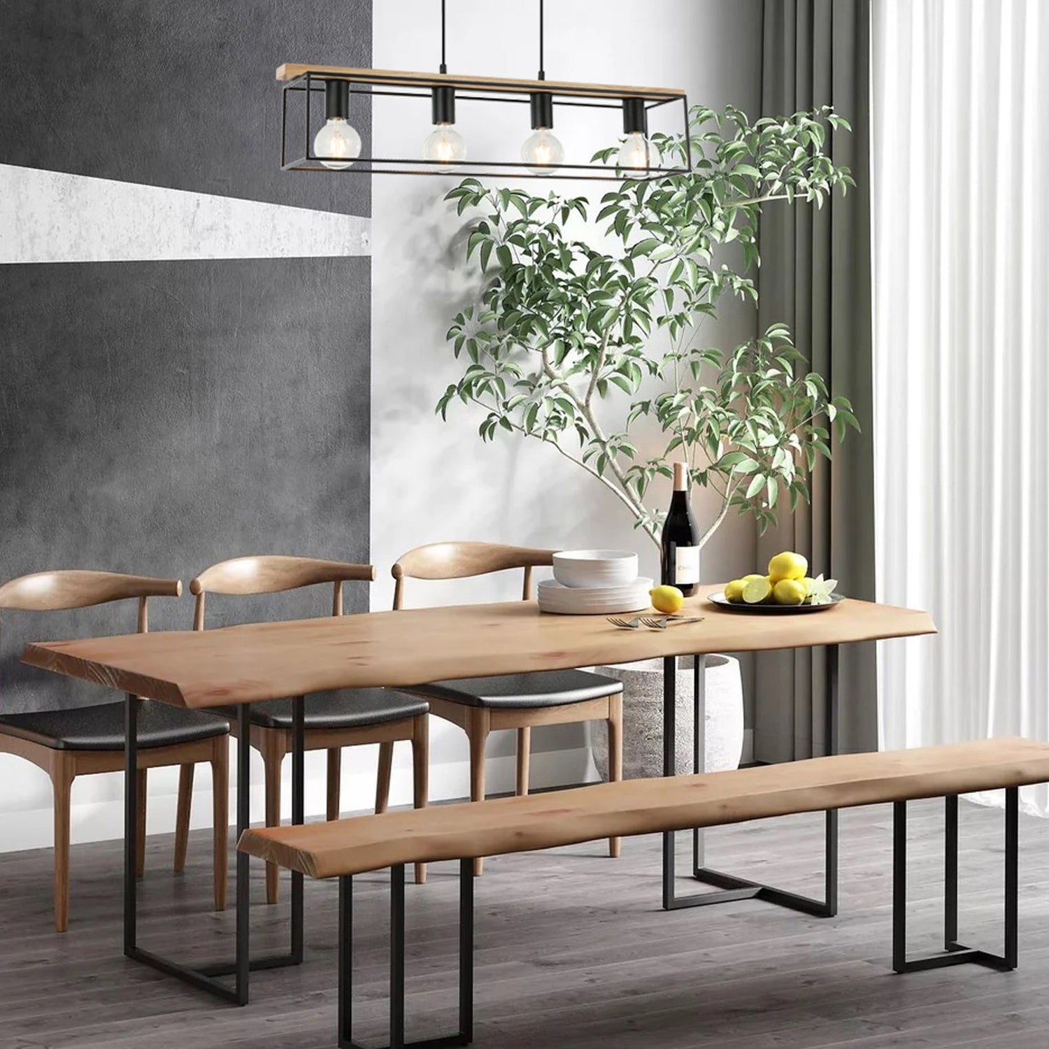 VIRUN: Interior Rectangular Frame Wood with Black Hardware Pendant Light