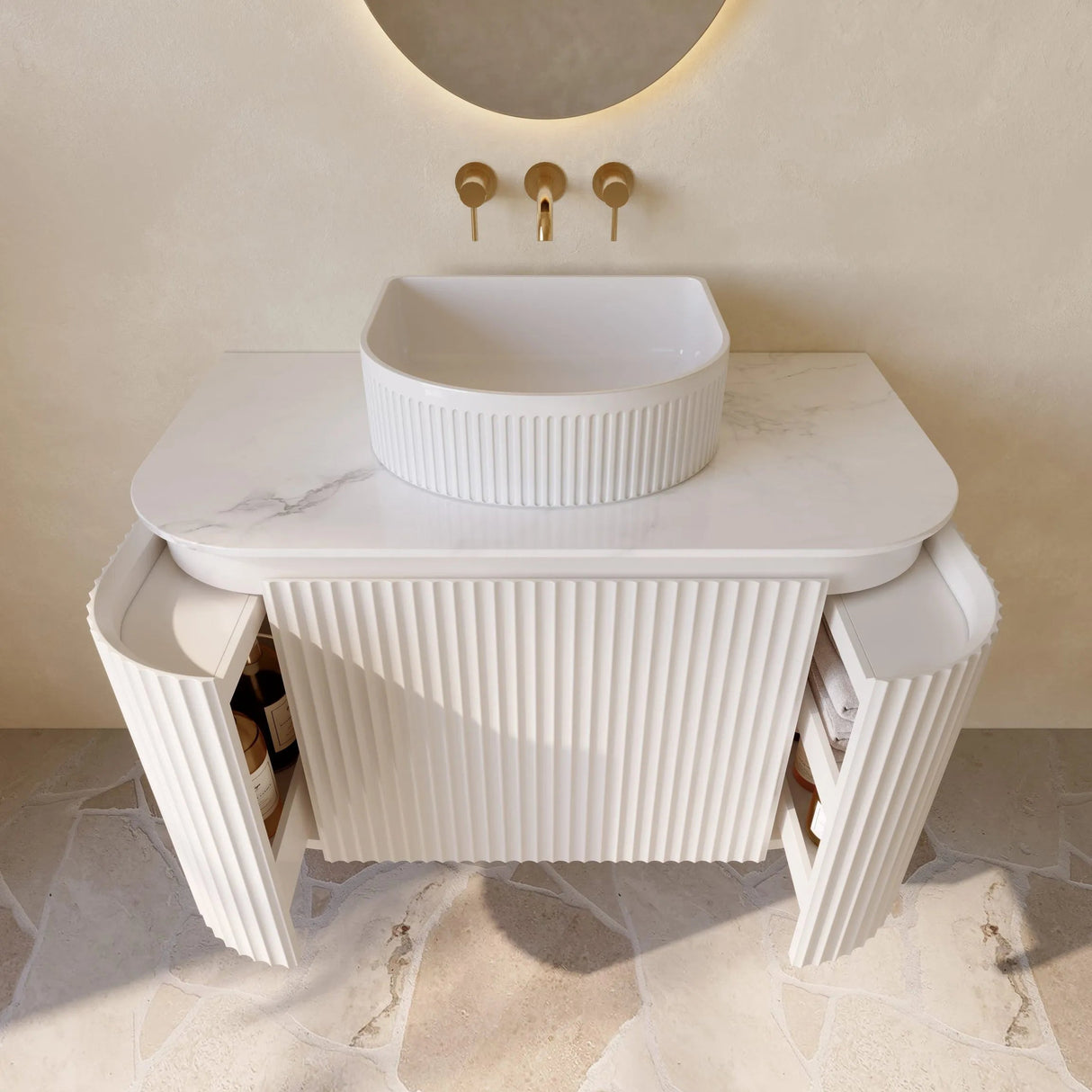 VITO NOOSA Fluted Curved Wall Hung Vanity Matte White (All Sizes)