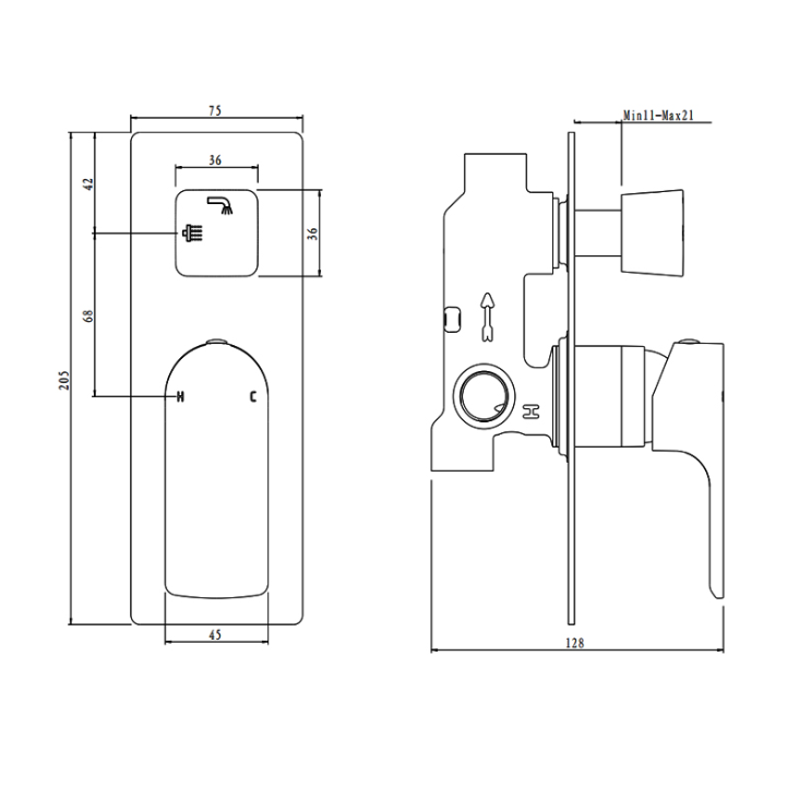 VOG Diverter Mixer - Brushed Gun Metal Technical Drawing