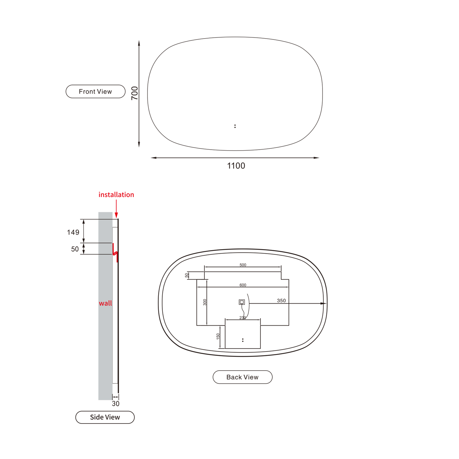 Valmont LED Dimmable Horizontal Oval Framed Mirror 1100mm