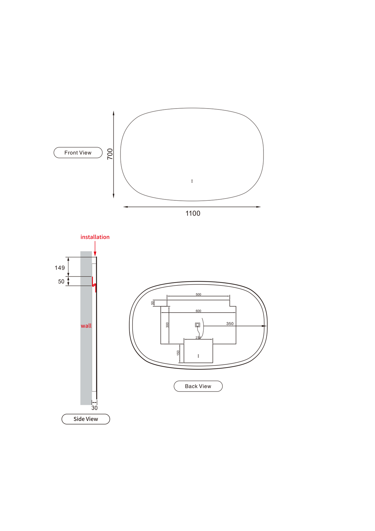 Valmont LED Dimmable Horizontal Oval Framed Mirror 1100mm