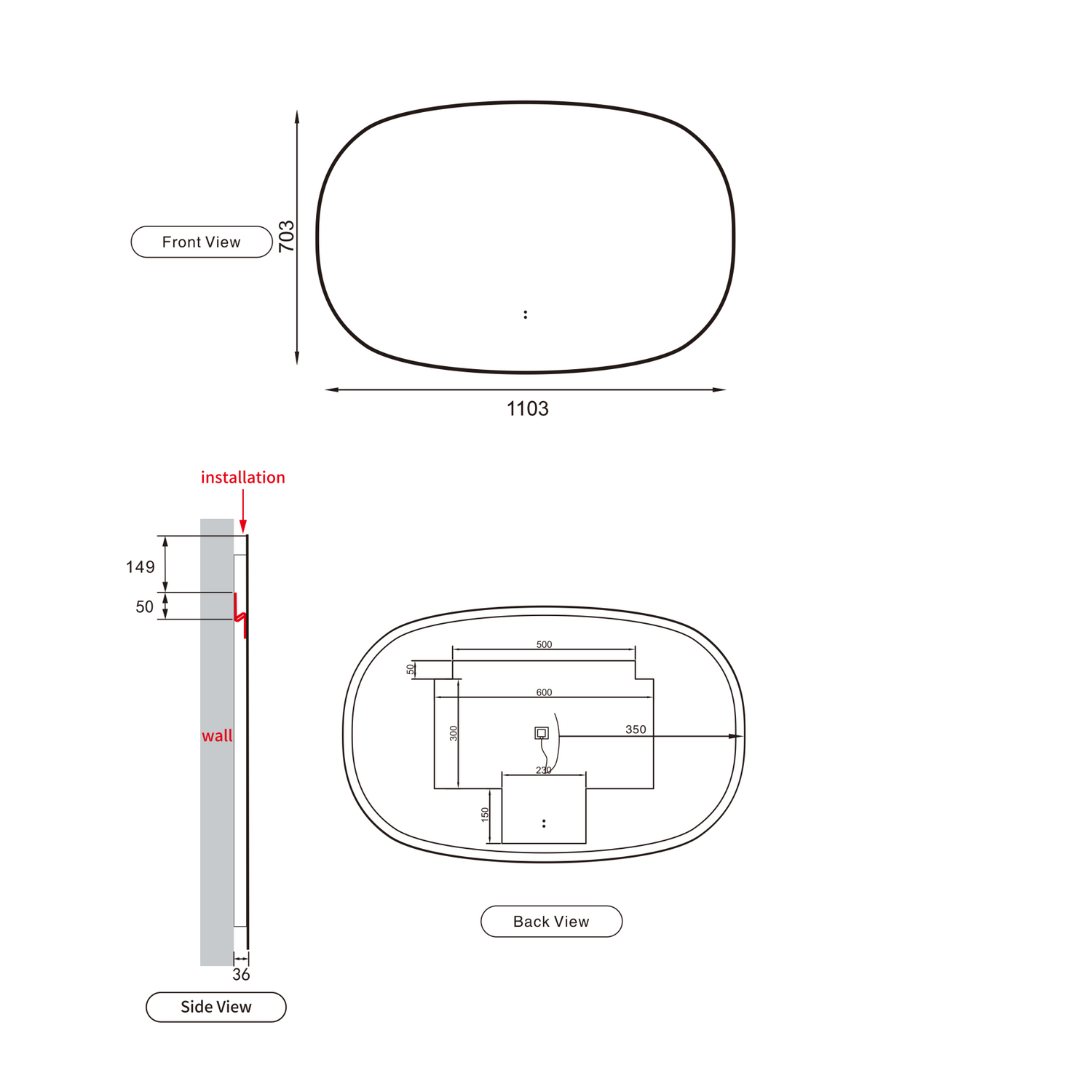 Valmont LED Dimmable Horizontal Oval Framed Mirror 1100mm