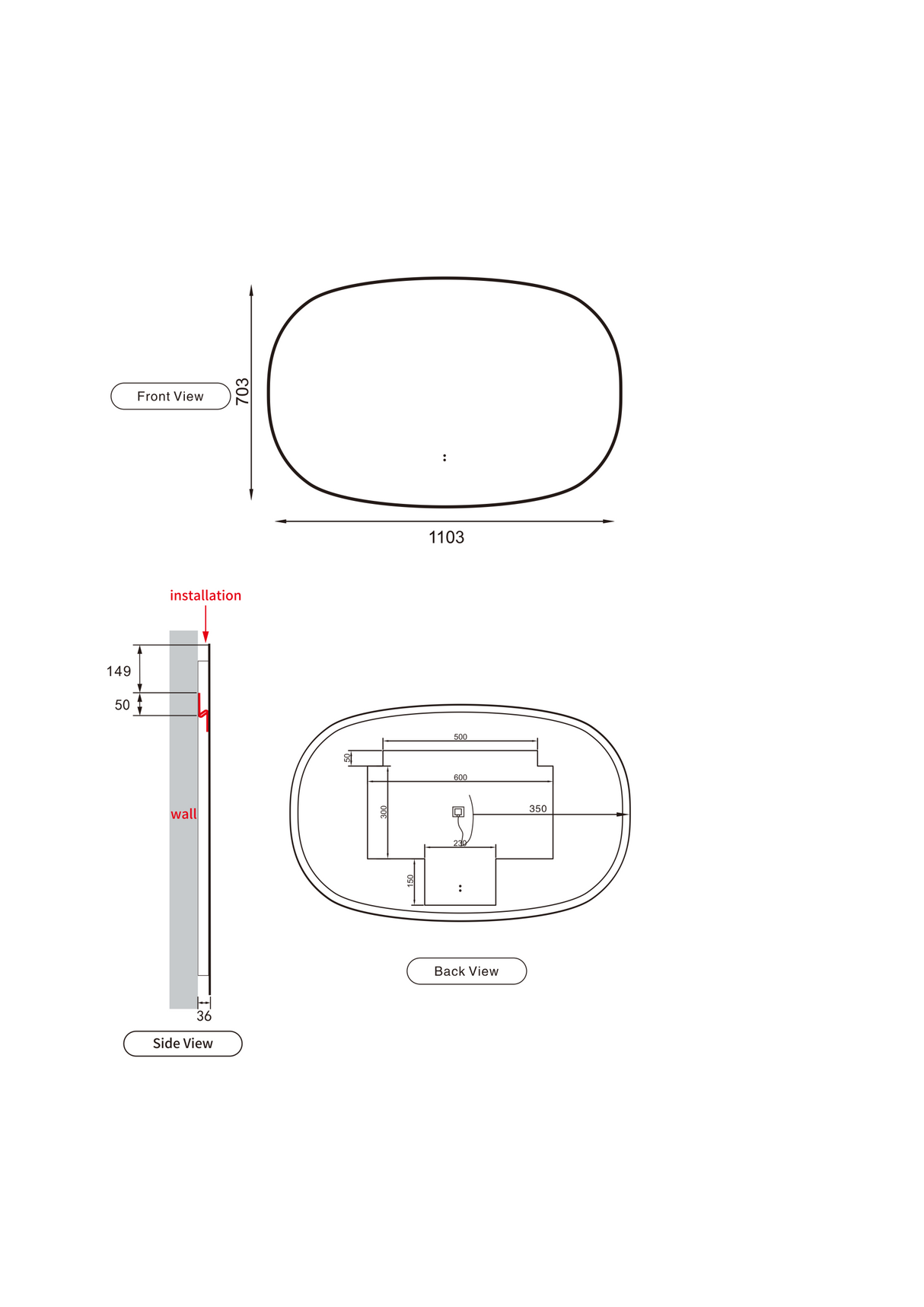 Valmont LED Dimmable Horizontal Oval Framed Mirror 1100mm