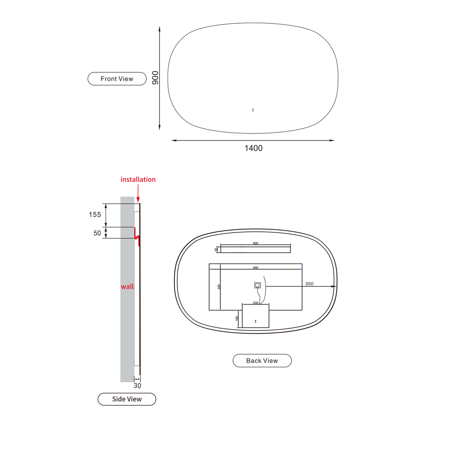 Valmont LED Dimmable Horizontal Oval Mirror 1400mm