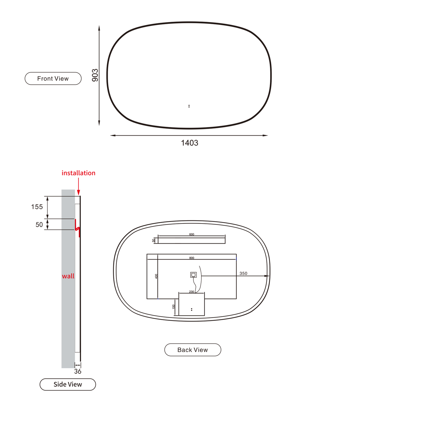 Valmont LED Dimmable Horizontal Oval Mirror 1400mm