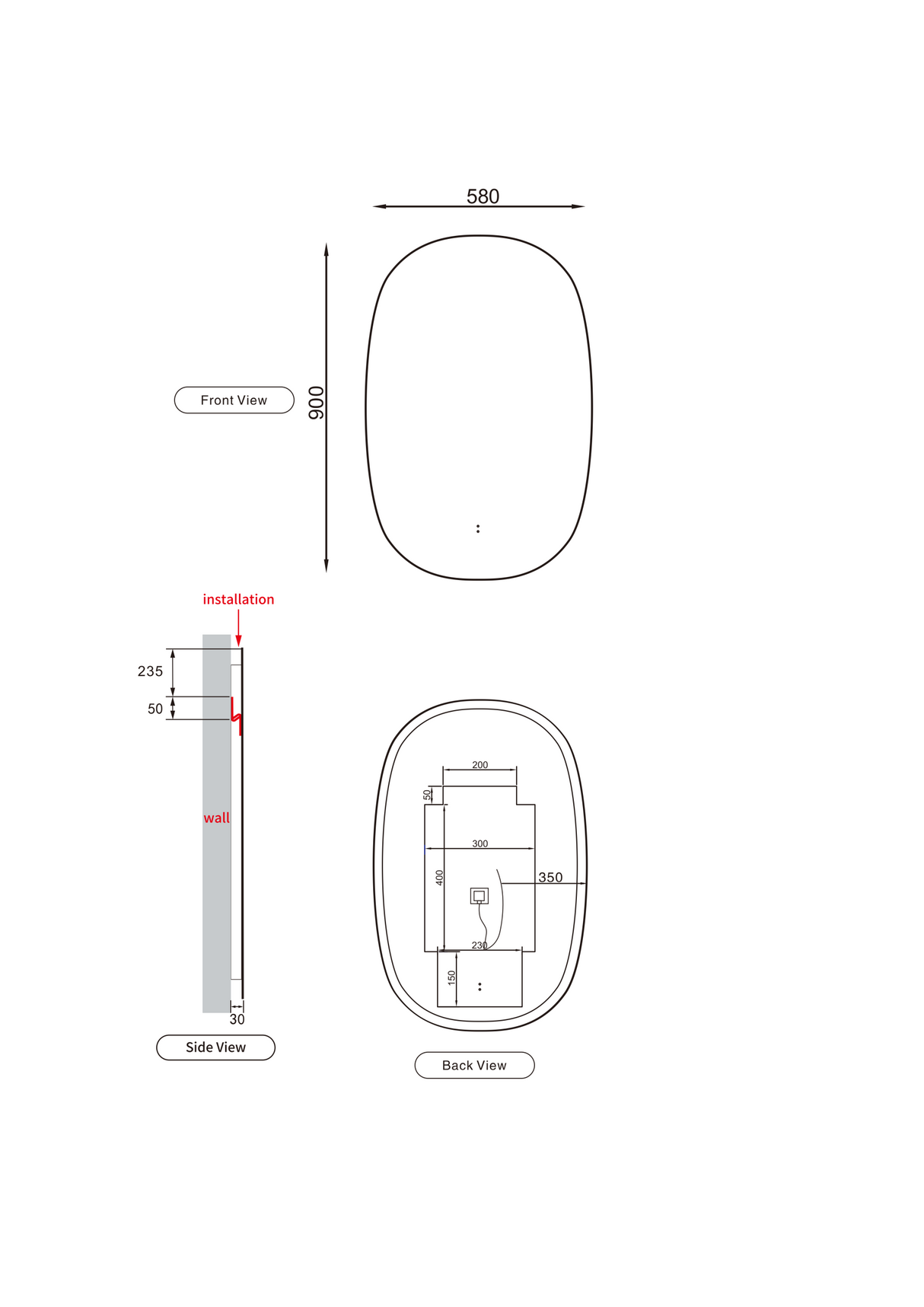 Valmont LED Oval Framed Mirror 580mm